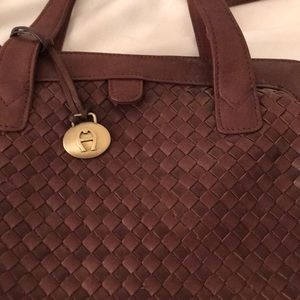 Leather Etienne Aigner Woven Satchel - Brown